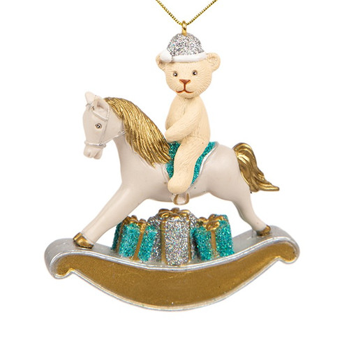 Suki - Personalisable Christmas Decoration - Rocking Horse with Teddy with Silver Hat