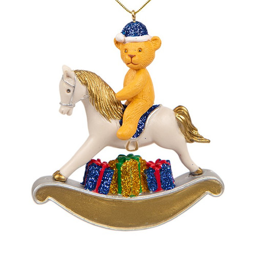 Suki - Personalisable Christmas Decoration - Rocking Horse with Teddy with Blue Hat