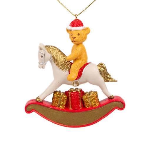 Suki - Personalisable Christmas Decoration - Rocking Horse with Teddy with Red Hat