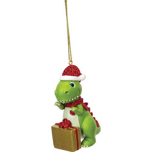 Suki - Personalisable Christmas Decoration - Green Dinosaur with Red Hat