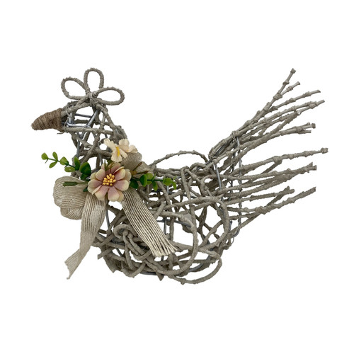 Willow Chicken Sculpture with Bow & Flowers