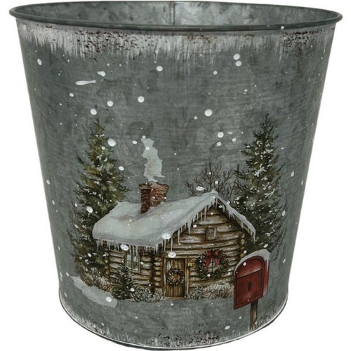Snowy Christmas Cottage Silver Zinc Pot (13.4cm H)