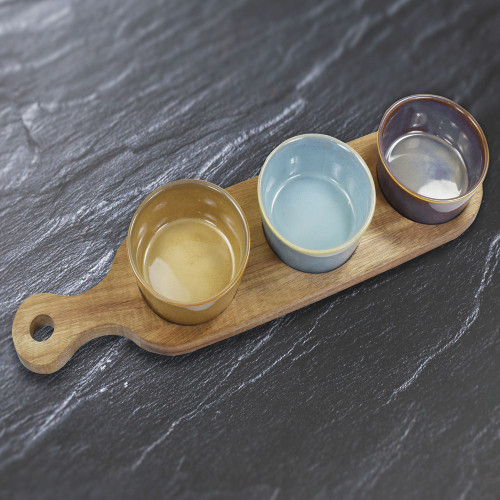 Round Snack Dishes & Wood Tray (Set of 3)