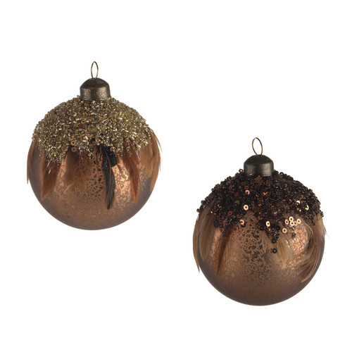 Glass Bronze Bauble with Feather Design (8cm) (Assorted Designs)