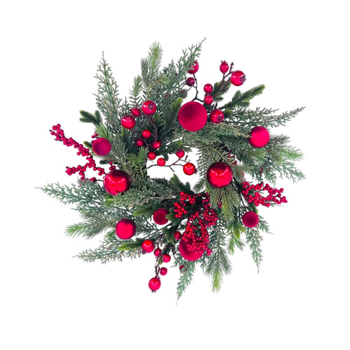 Pine Wreath with Red Balls and Berries (45cm)