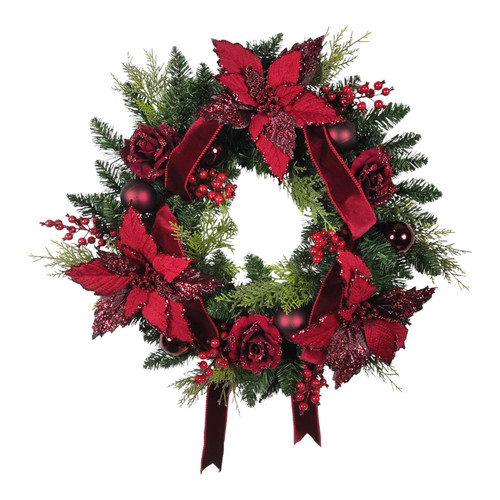 Burgundy Rose, Poinsettia & Bauble Wreath (60cm)
