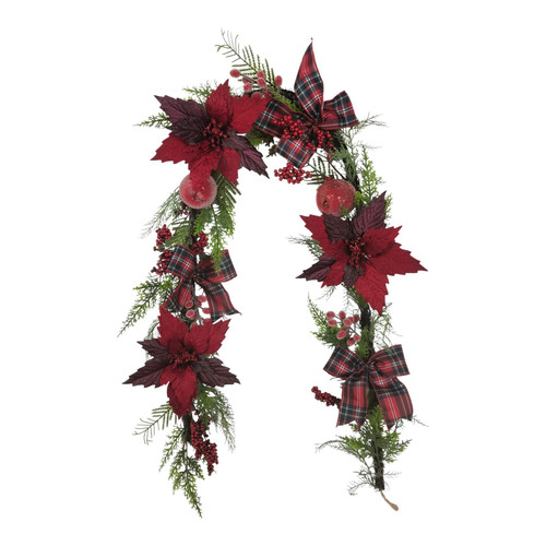 Red Poinsettia, Apple & Tartan Bow Garland (182cm)