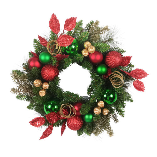 Red, Green & Gold Mixed Foliage & Bauble Wreath (45cm)