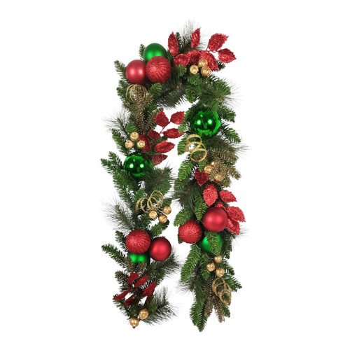 Red, Green & Gold Mixed Foliage & Bauble Garland (182cm)