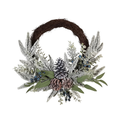 Snowy Foliage, Pine Cone & Blueberry Rattan Half Wreath (40cm)