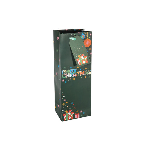 Merry Christmas Baubles & Presents Bottle Gift Bag with Tag