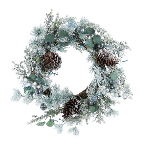 Blue & White Frosty Wreath with Baubles & Pine Cones (65cm)
