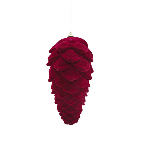 Burgundy Flocked Pine Cone Hanging Decoration (17.5cm)