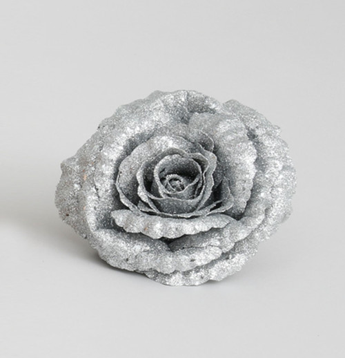 Silver Glittered Rose Head with Clip (18cm)