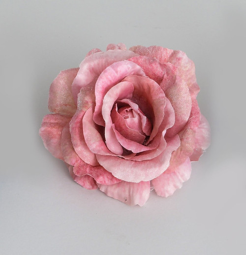 Pink Glittered Rose Head with Clip (13cm)