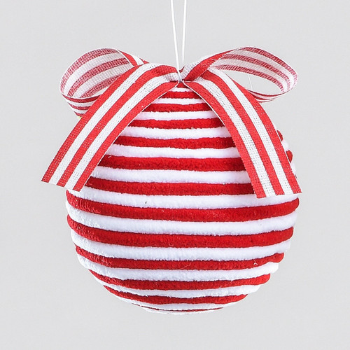 Red & White Stripy Fabric Bauble with Bow (12cm)