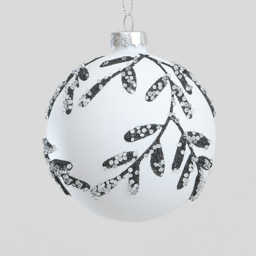 White & Silver Delicate Leaf Pattern Glass Bauble (8cm)