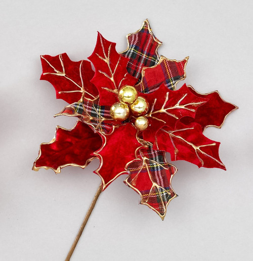 Red Tartan Holly Poinsettia Pick (54cm)