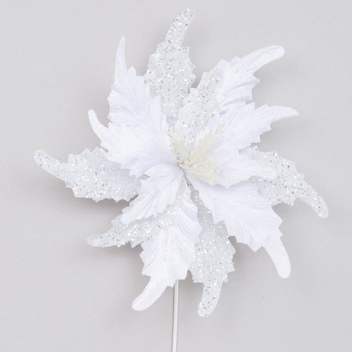White Glittered Poinsettia Pick (70cm)