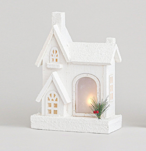 White Wooden House Ornament with LED Light (34cm)