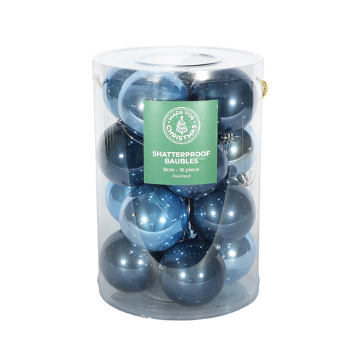 8cm Pearlised Blue Baubles (Pack of 16)
