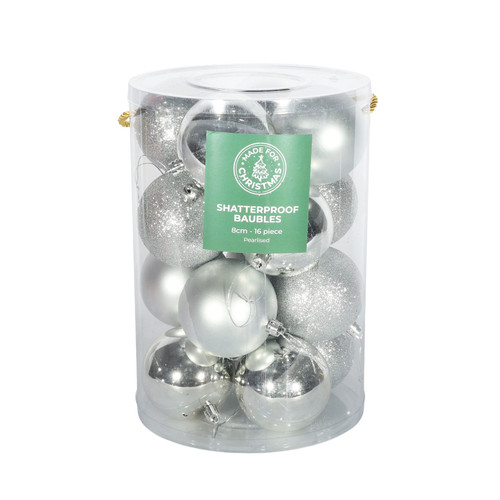 16 Silver Shatterproof Baubles (8cm)