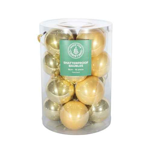 16 Pearlised Cream/Gold Baubles (8cm)