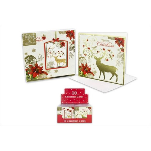 10 Poinsettia reindeer Christmas Cards