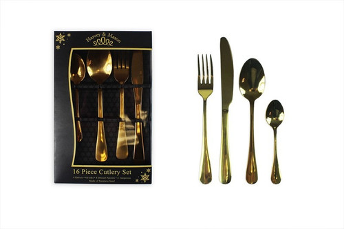 Gold Christmas 16 Piece Cutlery Set