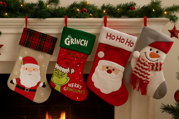 christmas stockings, grinch, santa, snowman 