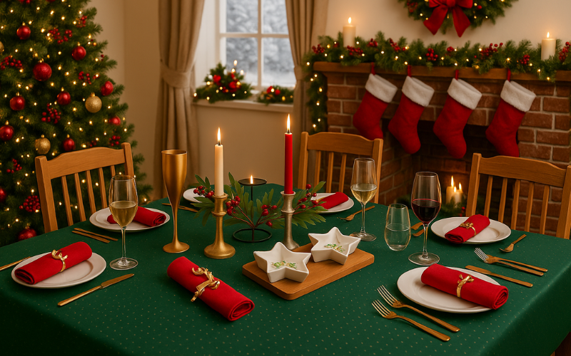 Xmas tableware, green tablecloth