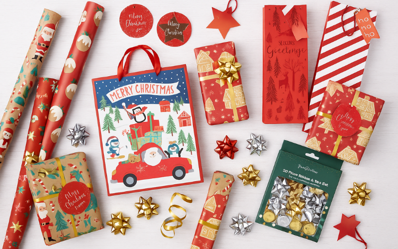 Christmas gift wrap, bags, tags 
