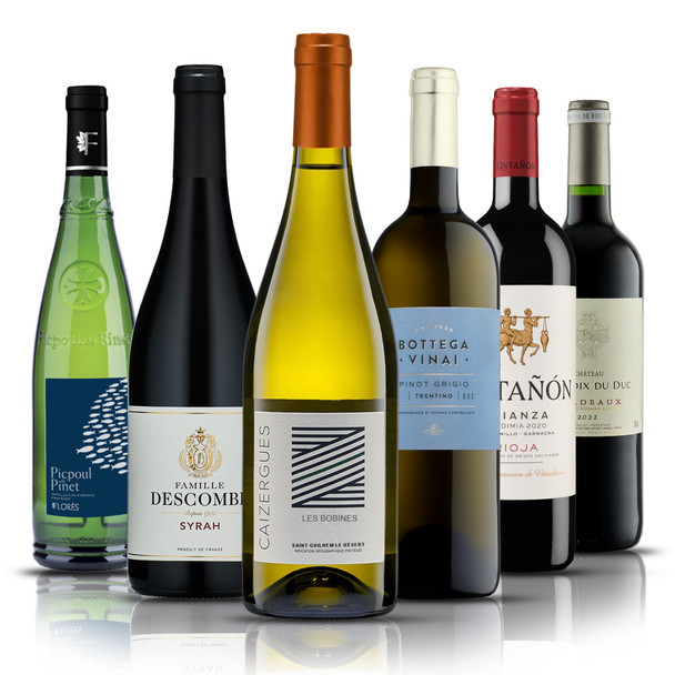 Wickhams Classic Wine Selection featuring Bottega Vinai Pinot Grigio, Florensac Soleil Picpoul, Domaine Les Caizergues Bobines Blanc Viognier, Ontañón Crianza Rioja, Famille Descombe Syrah, and La Croix Du Duc Bordeaux Claret