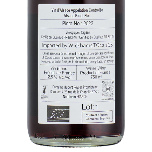 Hubert Reyser Pinot Noir back label