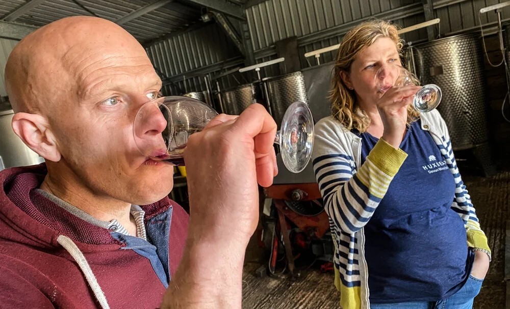 Ben and Lucy Hulland at Huxbear Vineyard in Devon