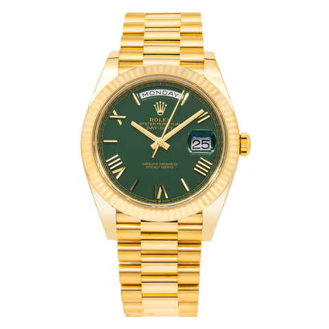 Rolex Day-Date 40MM 228238 Green Roman Dial Fluted Bezel 18K Yellow Gold President Bracelet