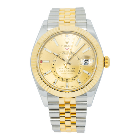 Rolex Sky-Dweller 42MM 336933 Champagne Dial Fluted Bezel Two Tone Yellow Gold Jubilee Bracelet