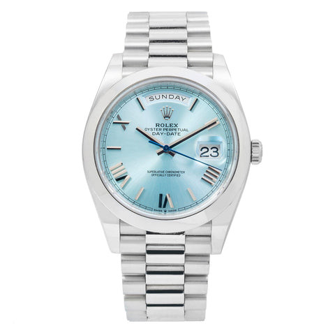 Rolex Day-Date 40MM 228206 Ice Blue Roman Dial Platinum Smooth Bezel Platinum President Bracelet