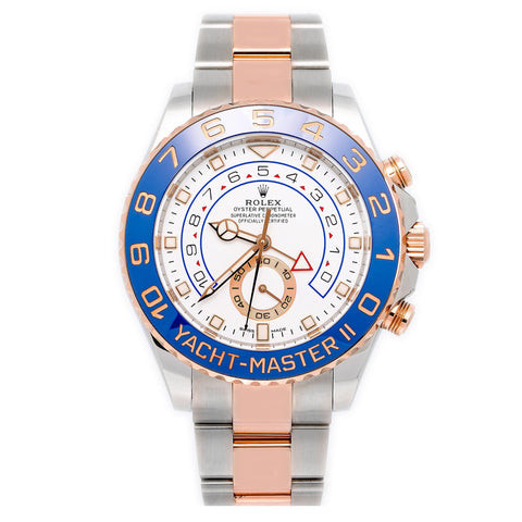 Rolex Yacht-Master II 44MM 116681 White Dial Blue Bezel Two Tone 18K Rose Gold Oyster Bracelet