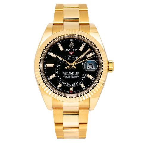 Rolex Sky-Dweller 42MM 326938 Black Dial Fluted Bezel 18K Yellow Gold Oyster Bracelet