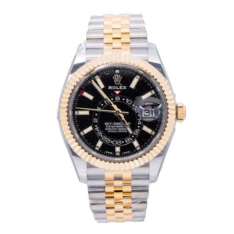 Rolex Sky-Dweller 42MM 326933 Black Dial Fluted Bezel Two Tone Yellow Gold Jubilee Bracelet
