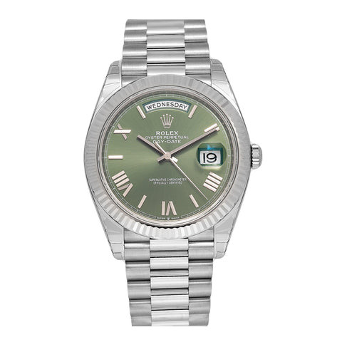 Rolex Day-Date 40MM 228239 Olive Green Roman Dial Fluted Bezel 18K White Gold President Bracelet