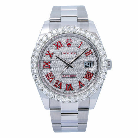 Rolex Datejust 41MM 126300 Diamond Paved Red Roman Dial Diamond Bezel Stainless Steel Oyster Bracelet