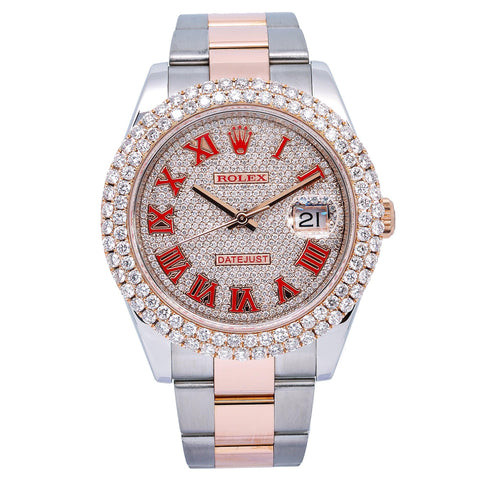 Rolex Datejust 41MM 126331 Diamond Paved Red Roman Dial Diamond Bezel Two Tone Rose Gold Oyster Bracelet