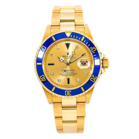 Rolex Submariner Date 40MM 16618 Champagne Diamond Dial Blue Ceramic Bezel 18K Yellow Gold Oyster Bracelet