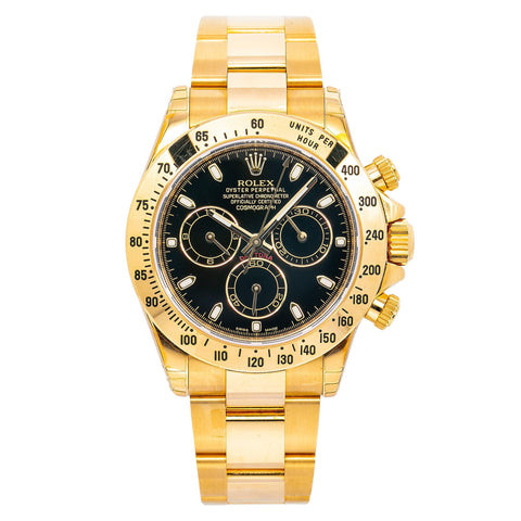 Rolex Cosmograph Daytona 40MM 116528 Black Dial Tachymeter Bezel 18K Yellow Gold Oyster Bracelet