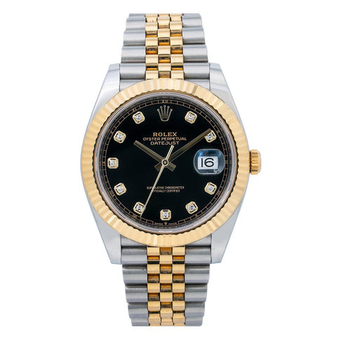Rolex Datejust 41MM 126333 Black Diamond Dial Fluted Bezel Two Tone Yellow Gold Jubilee Bracelet