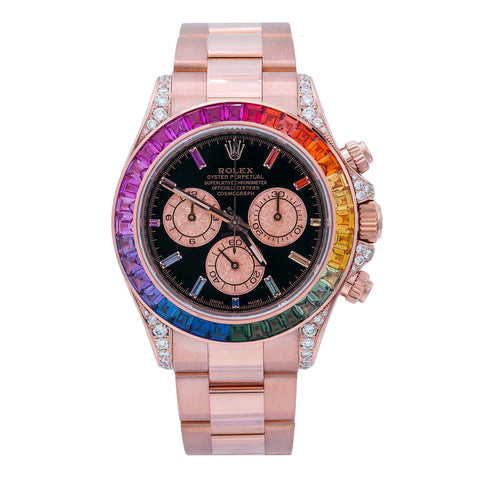 Rolex Cosmograph Daytona 40MM 116505 Black Rainbow Hour Diamond Dial Rainbow Gemstone Bezel 18K Rose Gold Oyster Bracelet