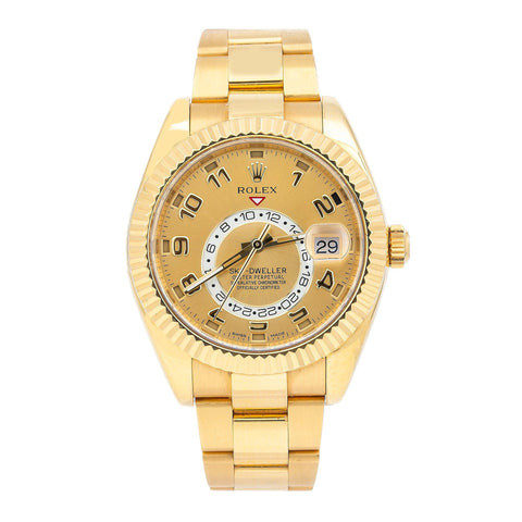Rolex Sky-Dweller 42MM 326938 Champagne Arabic Dial Fluted Bezel 18K Yellow Gold Oyster Bracelet