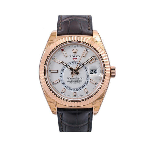 Rolex Sky-Dweller 42MM 326135 White Dial Fluted Bezel Brown Leather Strap